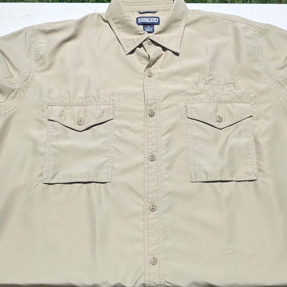 Lands End Fishing Shirt Mens XL Khaki Tan L/S ripstop Ventilated Hiking Utility